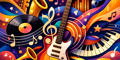 Colorful illustration of a guitar, saxophone, piano keys, trumpet, microphone, vinyl record, drums, and musical notes.