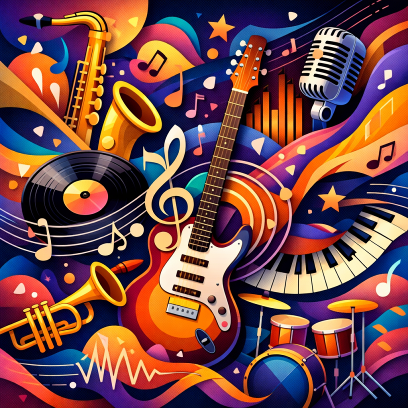 Colorful illustration of a guitar, saxophone, piano keys, trumpet, microphone, vinyl record, drums, and musical notes.