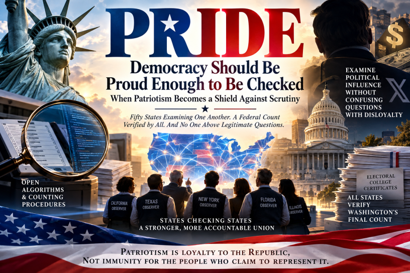 Editorial illustration of the Statue of Liberty, election observers from different U.S. states, voting-system inspection, the Capitol, electoral certificates, and the influence of wealth.